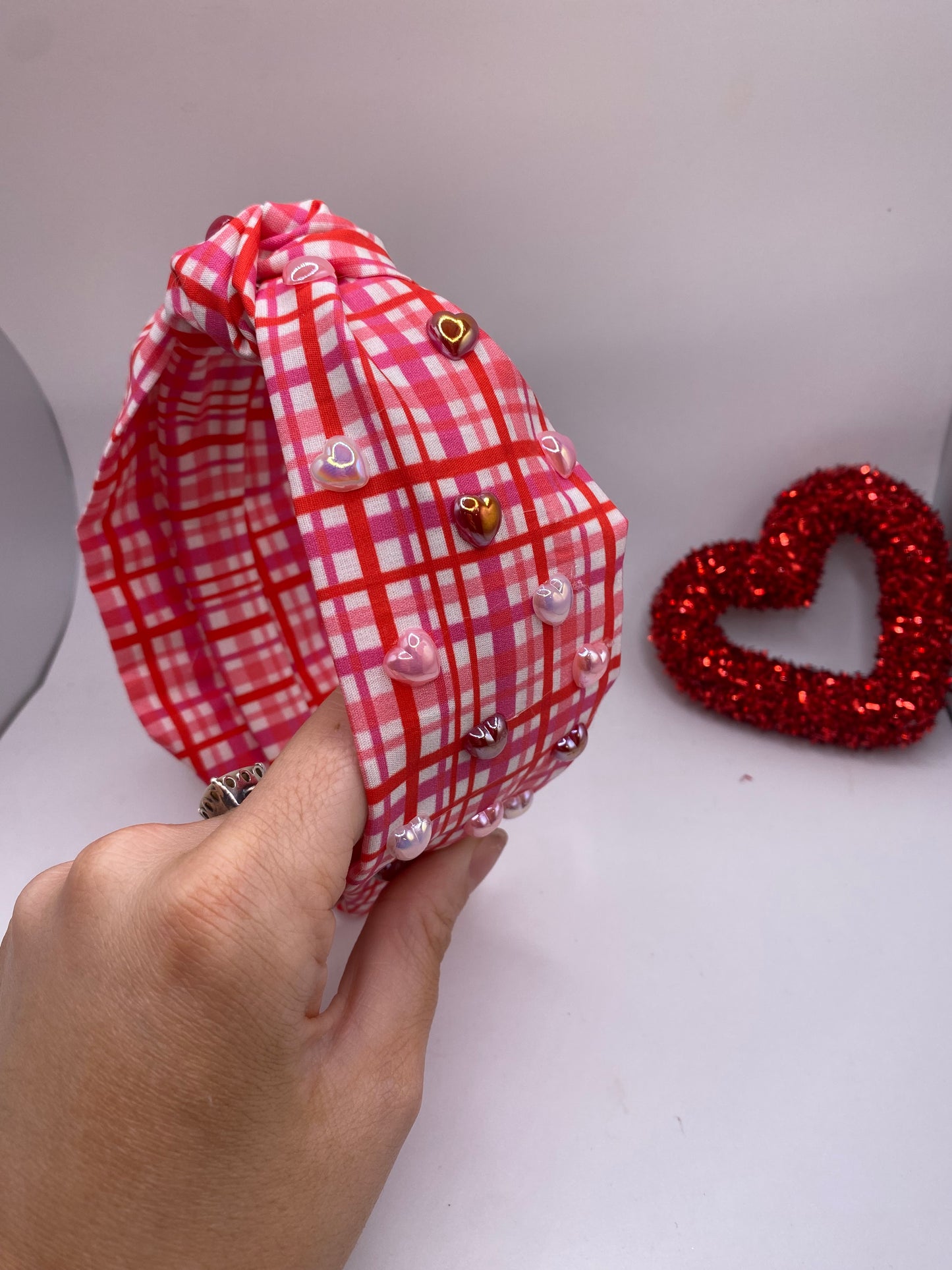Pink/Red Plaid Headband with Gems