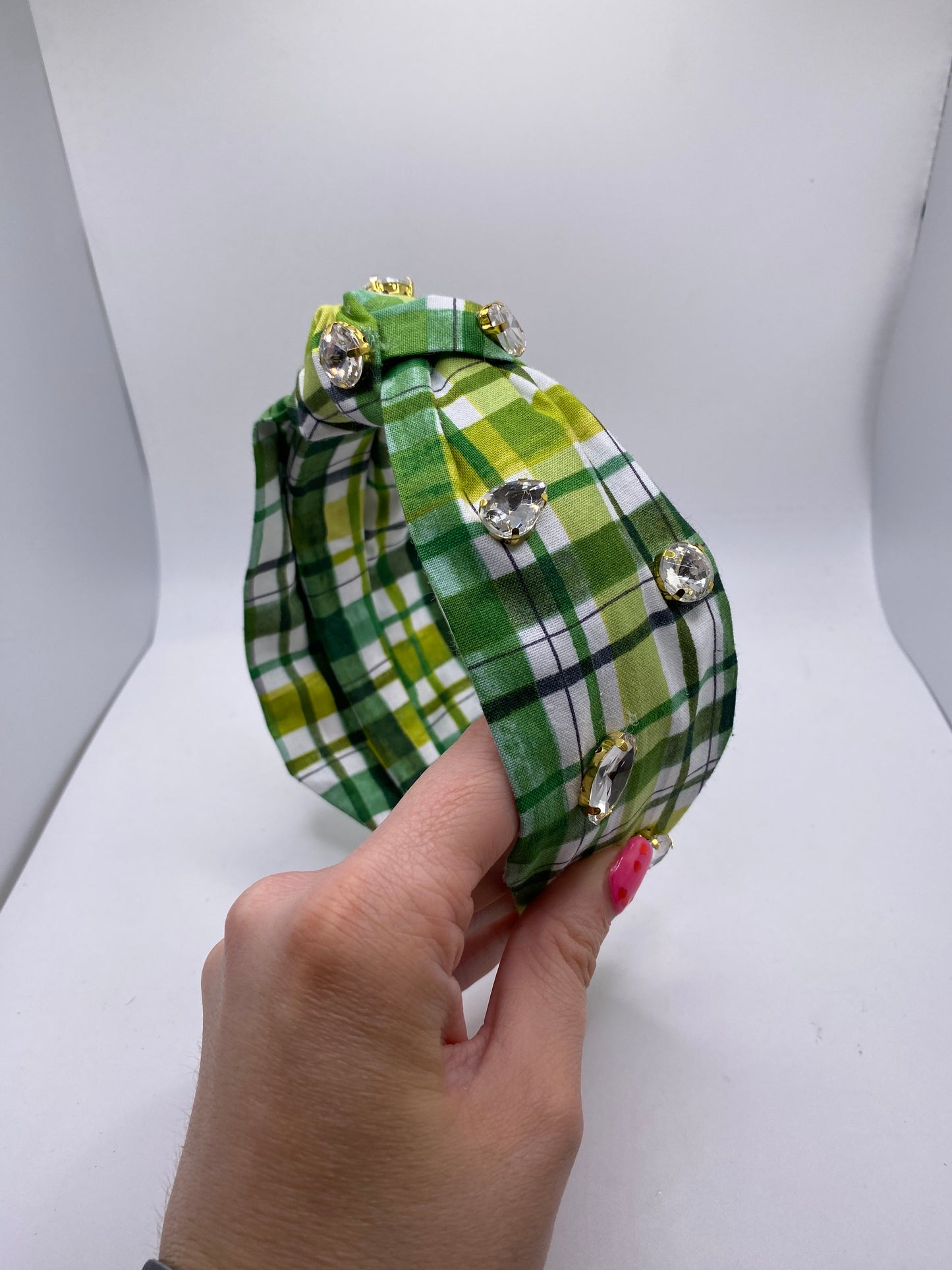 Green Plaid Headband with Gems